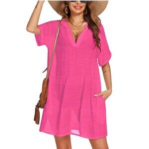 Swimsuit Coverup V-Neck w/Side Pockets Pink Size M